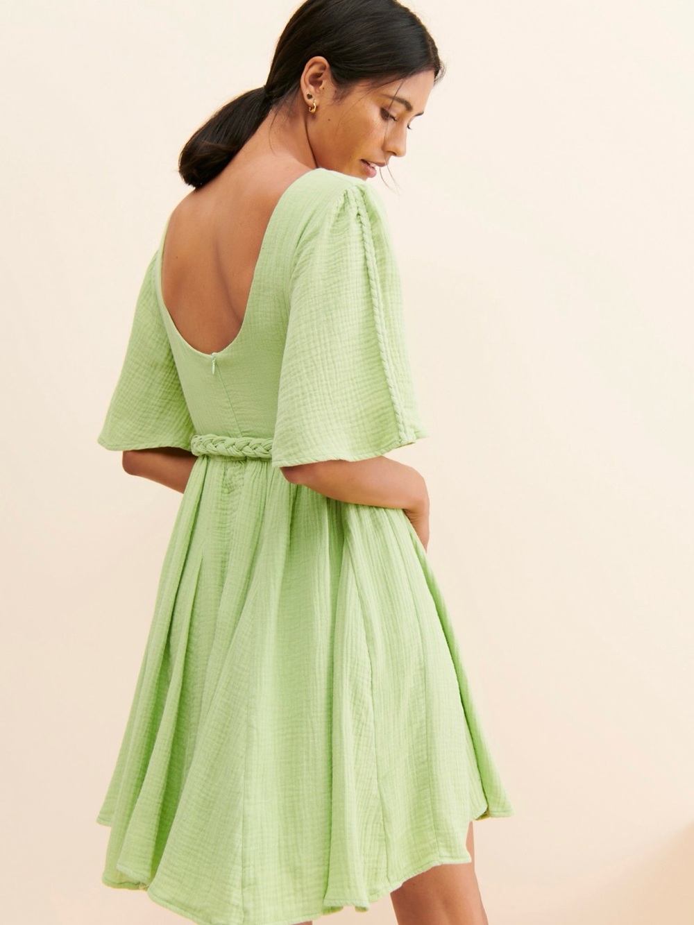 Lime Green Flutter Sleeve Braided-Belt Mini Dress - Picture 3 of 6